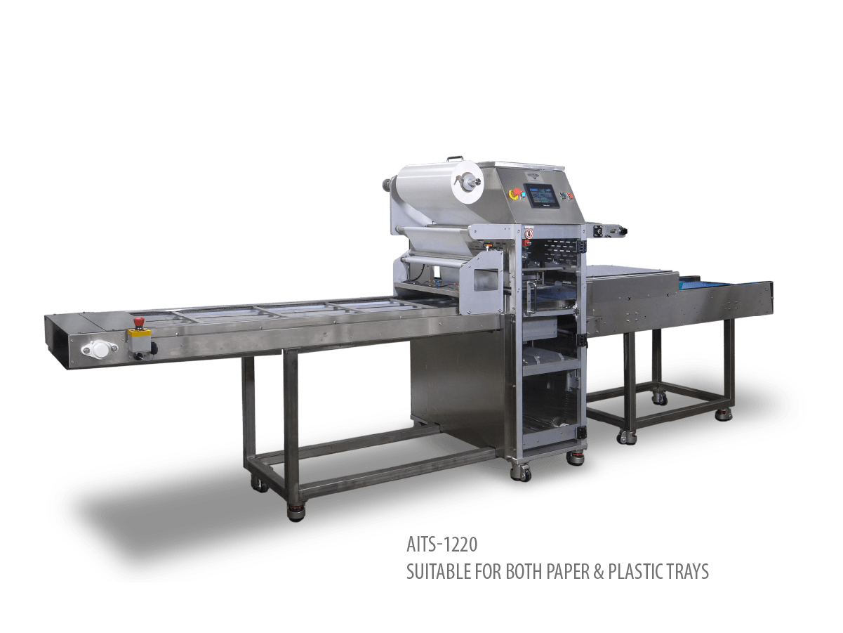 Automatic inline tray sealer suitable for both paper & plastic trays